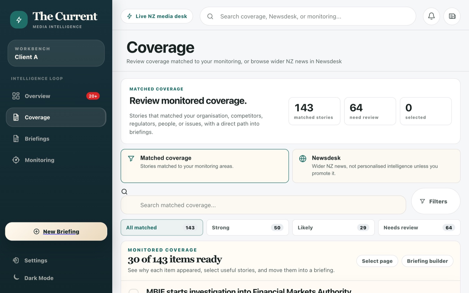 The Current — the Coverage view, reviewing stories matched to a client's monitoring