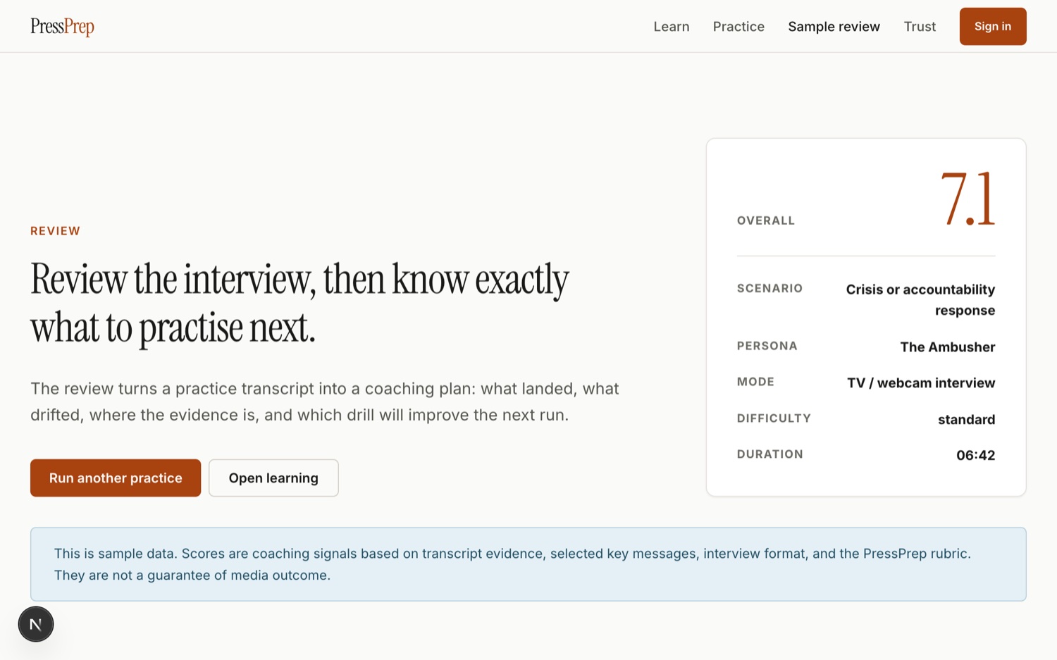 PressPrep — a scored review of a practice interview, with the coaching plan below
